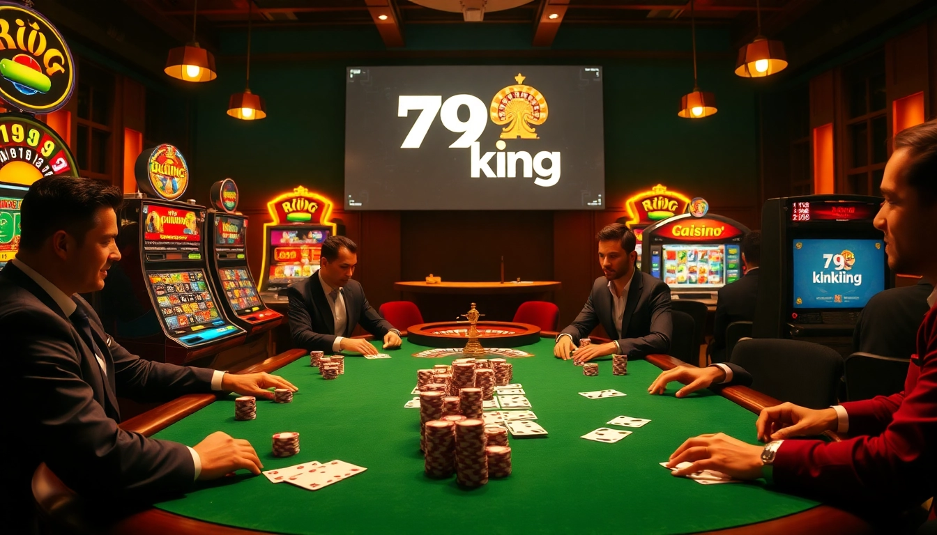 Experience the thrill of 79king at a luxurious poker table surrounded by vibrant casino elements.