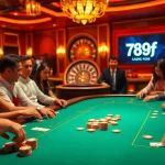Players at a luxurious poker table in a vibrant casino representing 789f, experiencing thrilling gambling action.