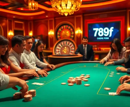 Players at a luxurious poker table in a vibrant casino representing 789f, experiencing thrilling gambling action.