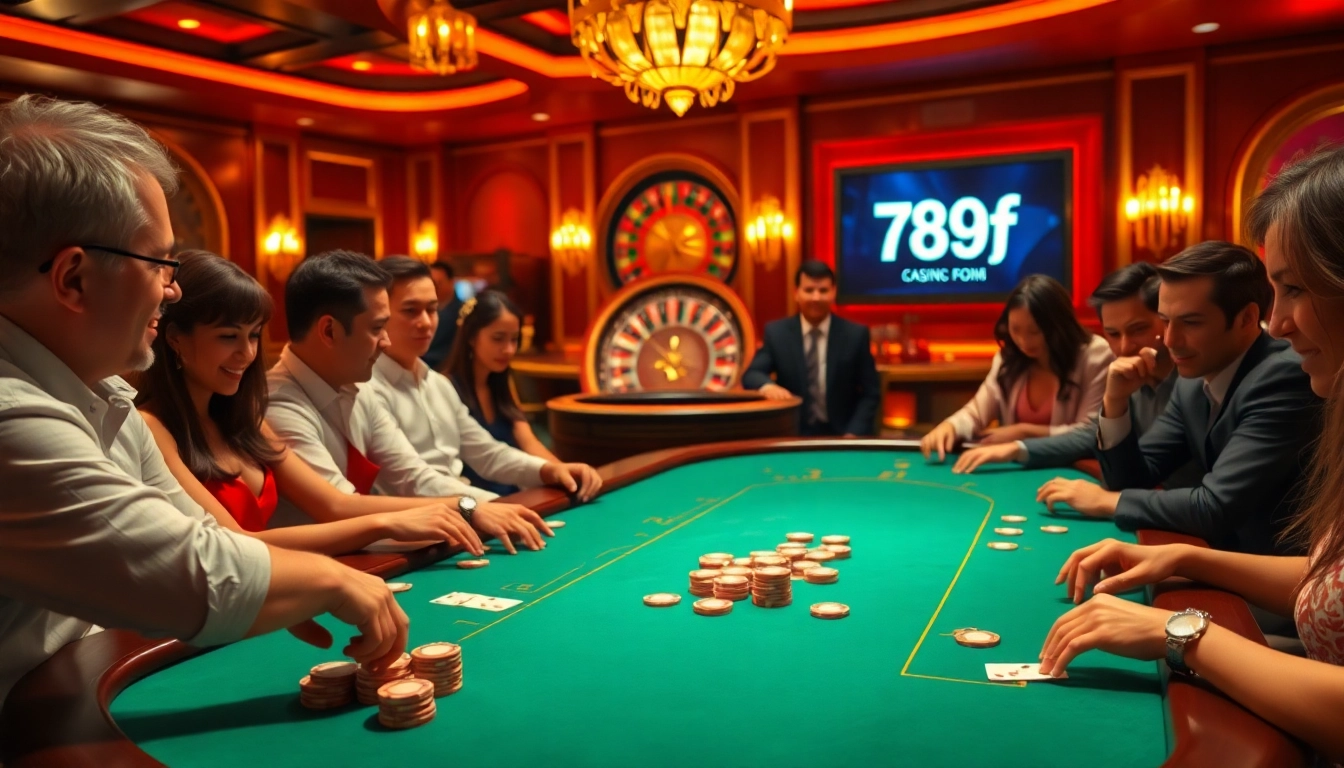 Players at a luxurious poker table in a vibrant casino representing 789f, experiencing thrilling gambling action.