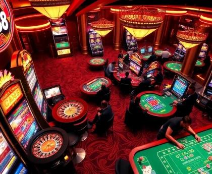 Siu88 players enjoy thrilling casino excitement with vibrant slot machines and poker tables.