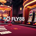 FLY88 showcases a vibrant casino atmosphere with poker tables, roulette, and slot machines.