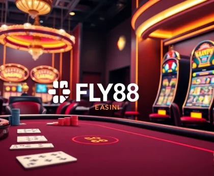 FLY88 showcases a vibrant casino atmosphere with poker tables, roulette, and slot machines.