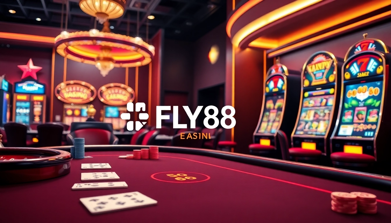 FLY88 showcases a vibrant casino atmosphere with poker tables, roulette, and slot machines.