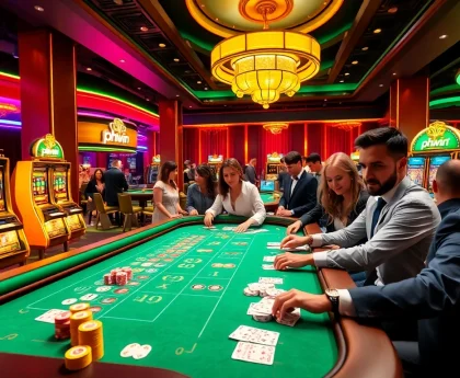 Experience the thrill of phwin at a vibrant casino scene filled with poker chips and exciting games.