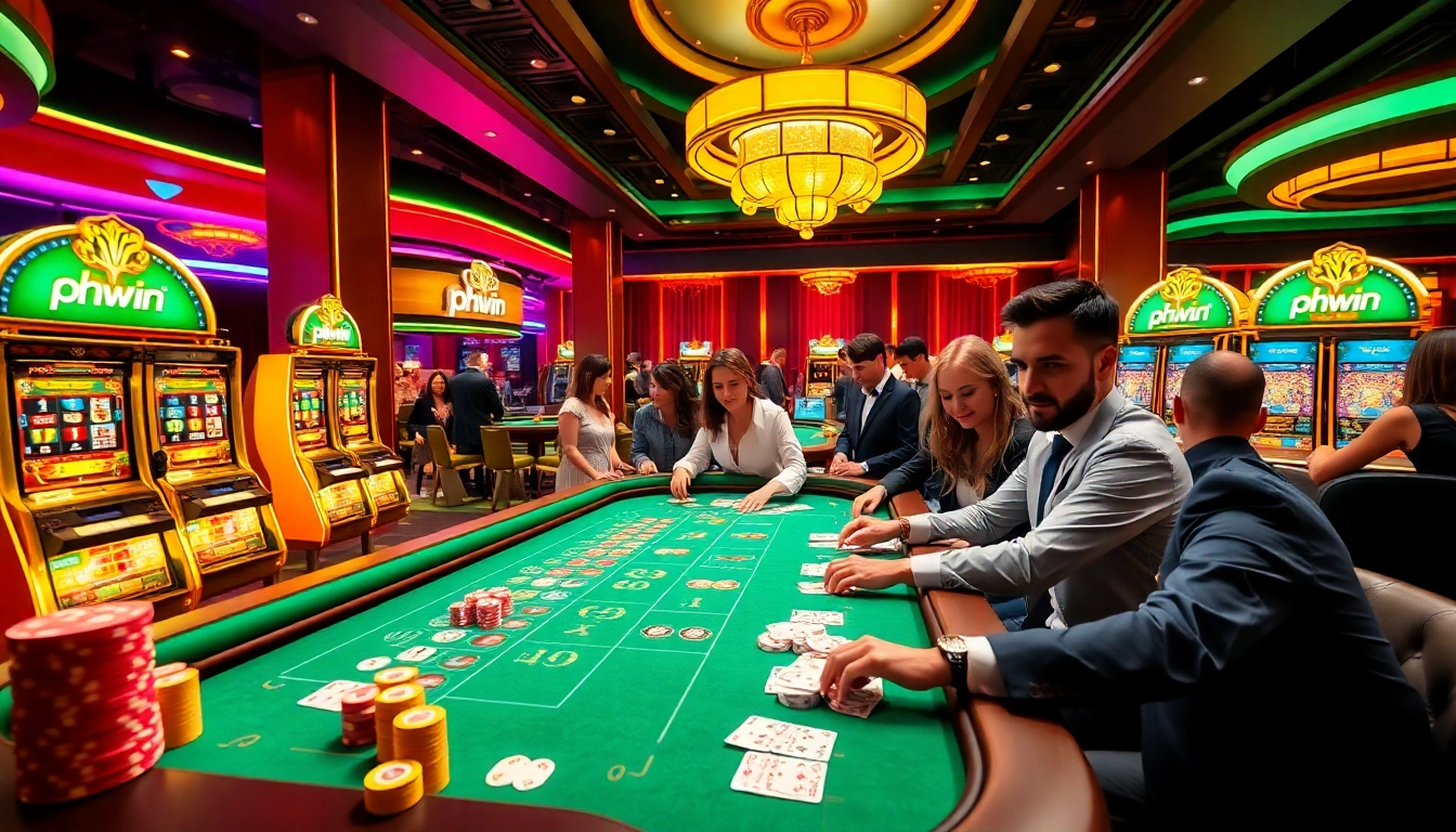 Experience the thrill of phwin at a vibrant casino scene filled with poker chips and exciting games.