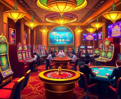 Engage with the excitement of bk8thai ทางเข้า in a vibrant casino scene showcasing various games.