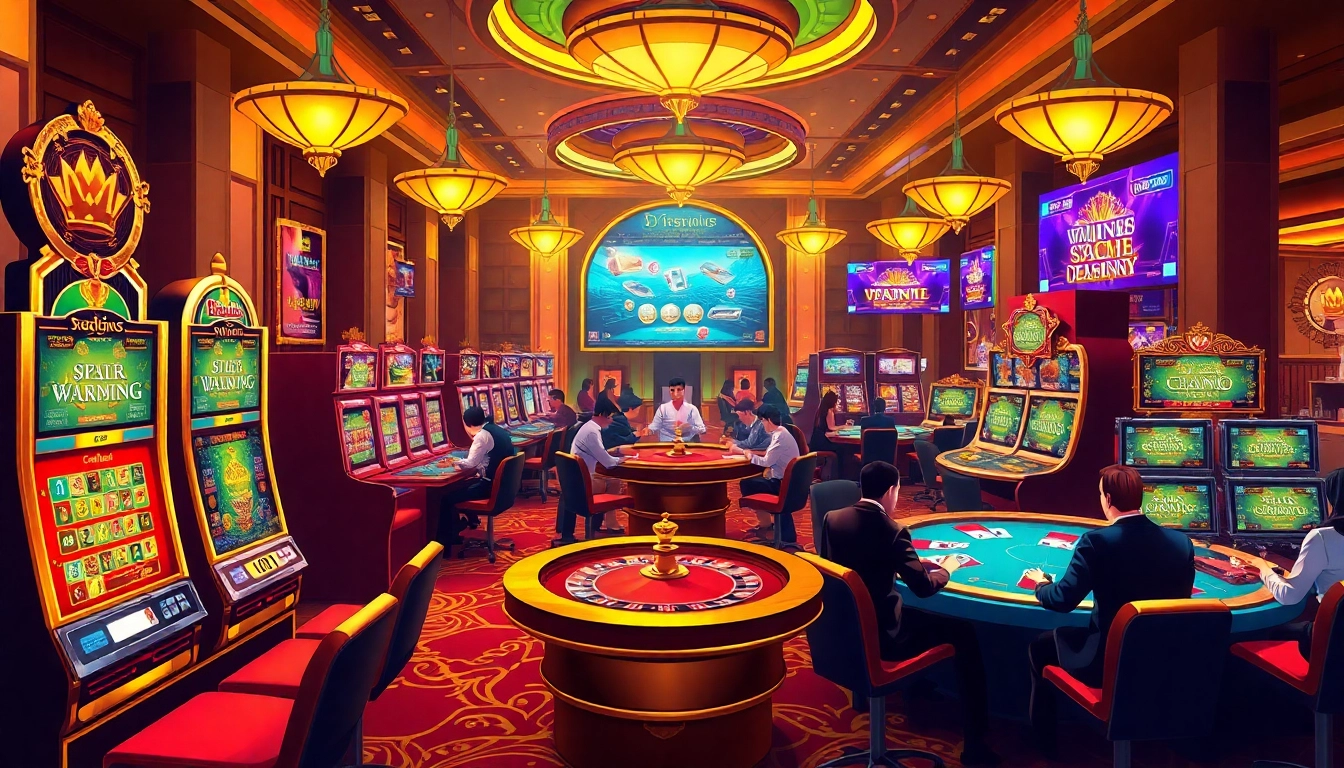 Engage with the excitement of bk8thai ทางเข้า in a vibrant casino scene showcasing various games.