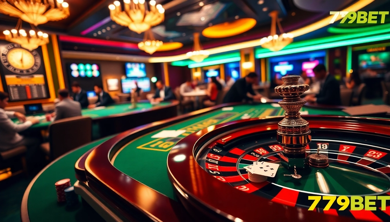 Exciting casino scene showcasing players engaging in games like blackjack and roulette at 789BET.