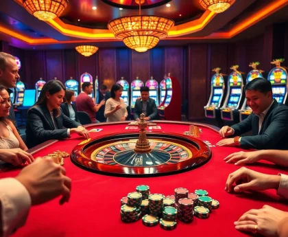 Experience thrilling gameplay at mm88com with vibrant casino tables, poker chips, and slot machines.