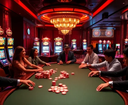 B52 Club poker players engaging at a vibrant casino table surrounded by excitement.