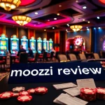 Moozi review scene with luxurious casino ambiance, poker players, and vibrant slot machines.