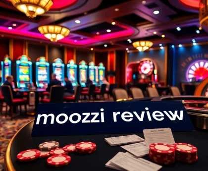 Moozi review scene with luxurious casino ambiance, poker players, and vibrant slot machines.