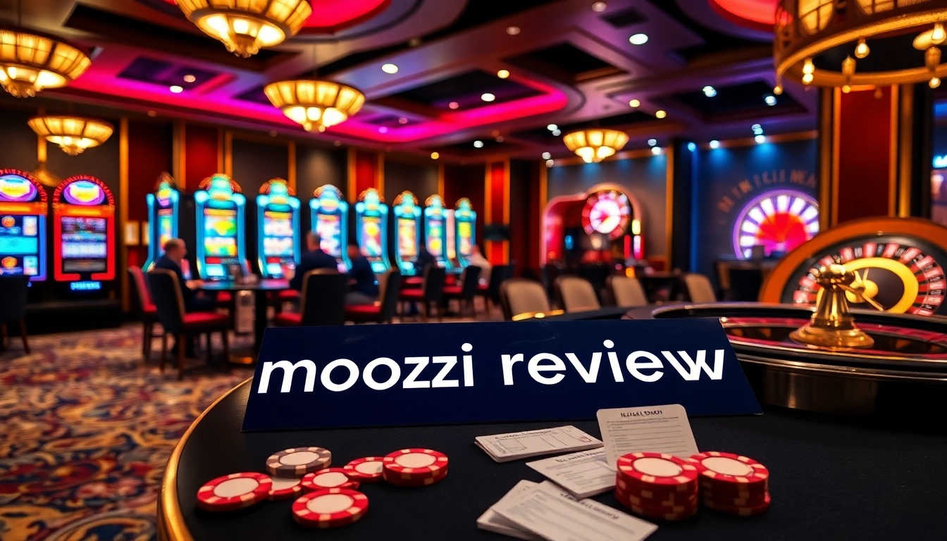 Moozi review scene with luxurious casino ambiance, poker players, and vibrant slot machines.