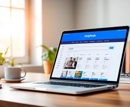 OnlyFans Search interface displayed on a modern laptop in a stylish workspace, showcasing vibrant filters.