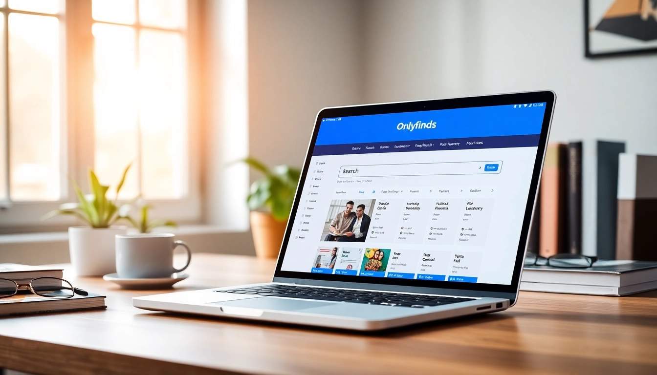 OnlyFans Search interface displayed on a modern laptop in a stylish workspace, showcasing vibrant filters.