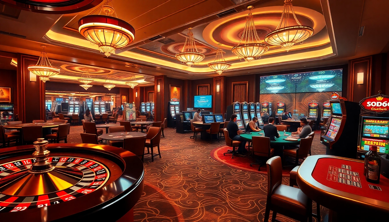 SODO66 gamblers enjoying a luxury casino experience with roulette and poker themes.