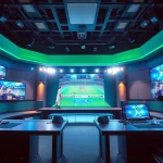 Engaging sports broadcasting studio filled with vibrant screens and advanced technology.