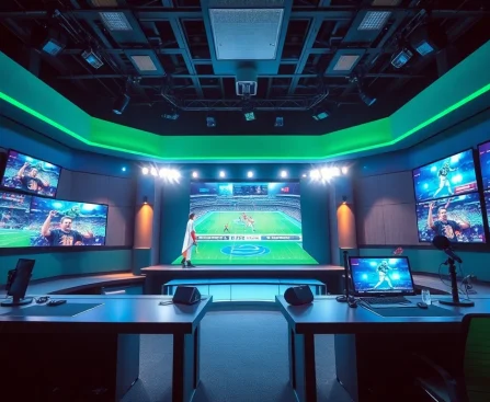Engaging sports broadcasting studio filled with vibrant screens and advanced technology.