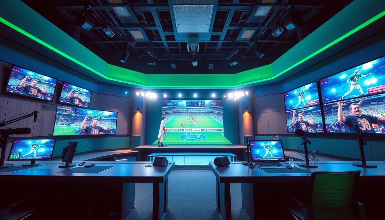 Engaging sports broadcasting studio filled with vibrant screens and advanced technology.
