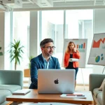 Marketing Consultant engaging with clients in a vibrant office, illustrating strategic discussions.
