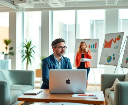 Marketing Consultant engaging with clients in a vibrant office, illustrating strategic discussions.