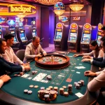 Kaptenjackpot gaming scene with players at a vibrant casino table featuring poker chips and cards.