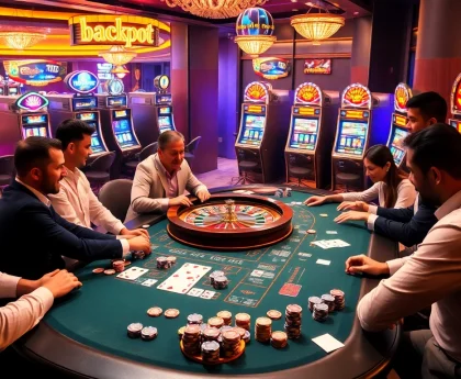 Kaptenjackpot gaming scene with players at a vibrant casino table featuring poker chips and cards.