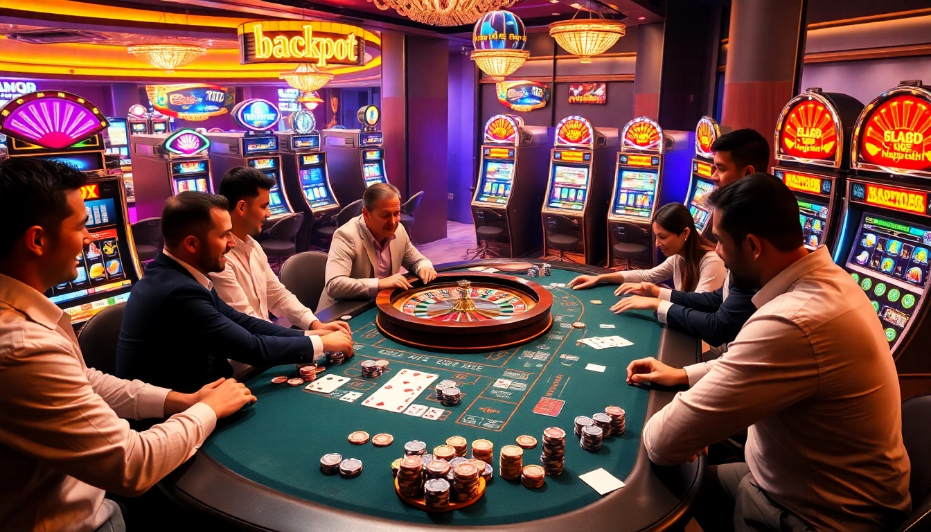 Kaptenjackpot gaming scene with players at a vibrant casino table featuring poker chips and cards.
