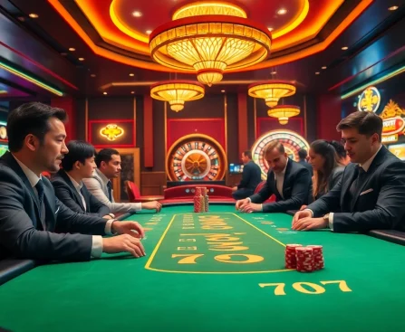 Encounter thrilling gameplay at 7C77 Casino with luxurious poker tables and vibrant lighting.