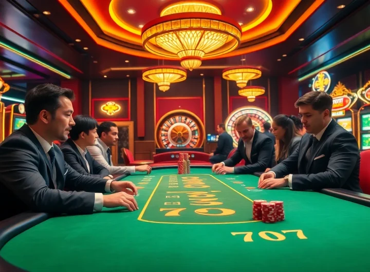 Encounter thrilling gameplay at 7C77 Casino with luxurious poker tables and vibrant lighting.