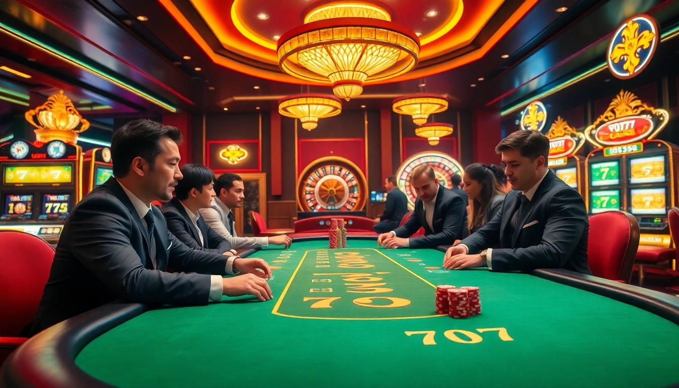 Encounter thrilling gameplay at 7C77 Casino with luxurious poker tables and vibrant lighting.