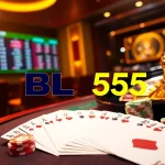 Engage in thrilling gameplay with BL555 at a luxurious casino table filled with colorful poker chips and playing cards.