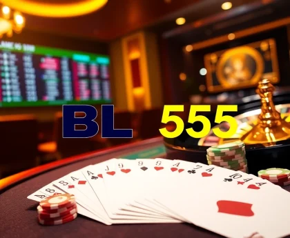 Engage in thrilling gameplay with BL555 at a luxurious casino table filled with colorful poker chips and playing cards.