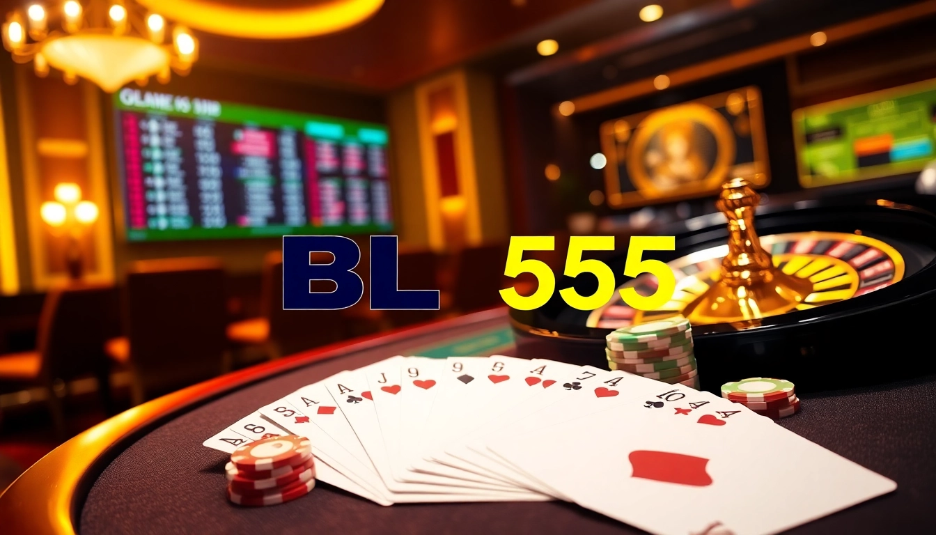Engage in thrilling gameplay with BL555 at a luxurious casino table filled with colorful poker chips and playing cards.