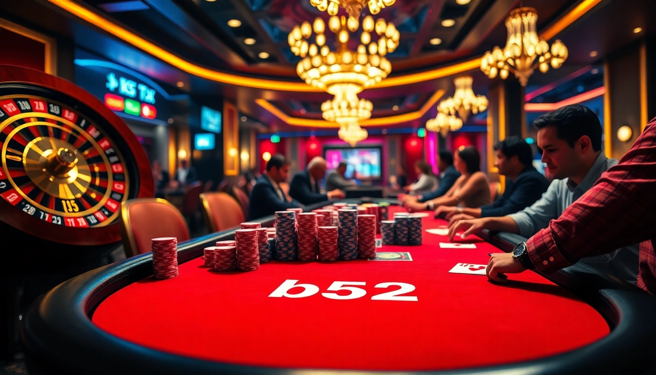 Players enjoy a thrilling game of poker featuring the b52 brand in a luxurious casino setting.