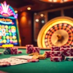 Experience the thrill of Luckywin with an elegant casino scene showcasing poker tables, slot machines, and vibrant roulette.