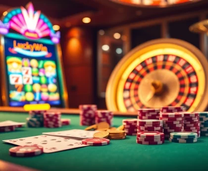 Experience the thrill of Luckywin with an elegant casino scene showcasing poker tables, slot machines, and vibrant roulette.