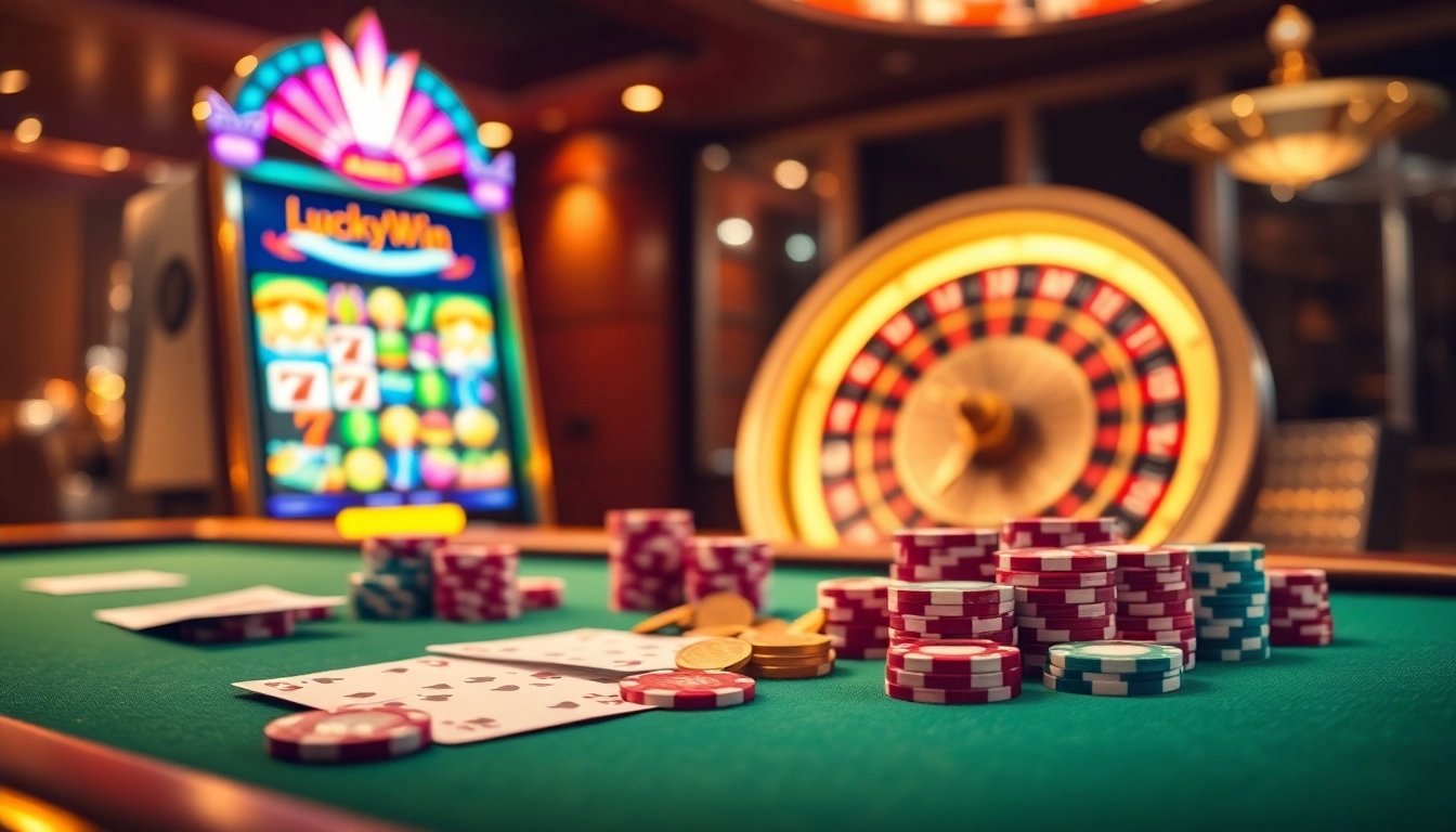Experience the thrill of Luckywin with an elegant casino scene showcasing poker tables, slot machines, and vibrant roulette.