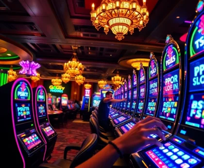 Experience the excitement of PGSLOT IN with players at vibrant casino slot machines.
