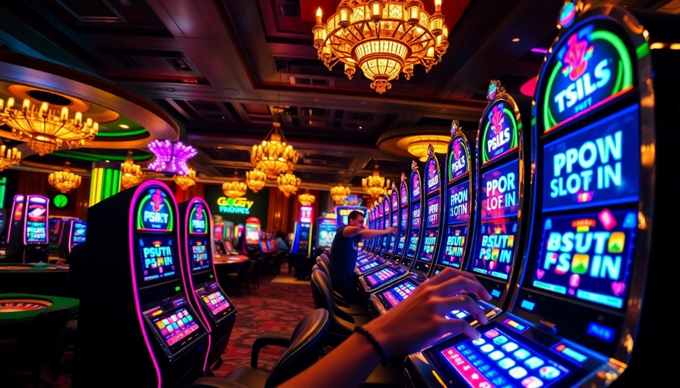 Experience the excitement of PGSLOT IN with players at vibrant casino slot machines.