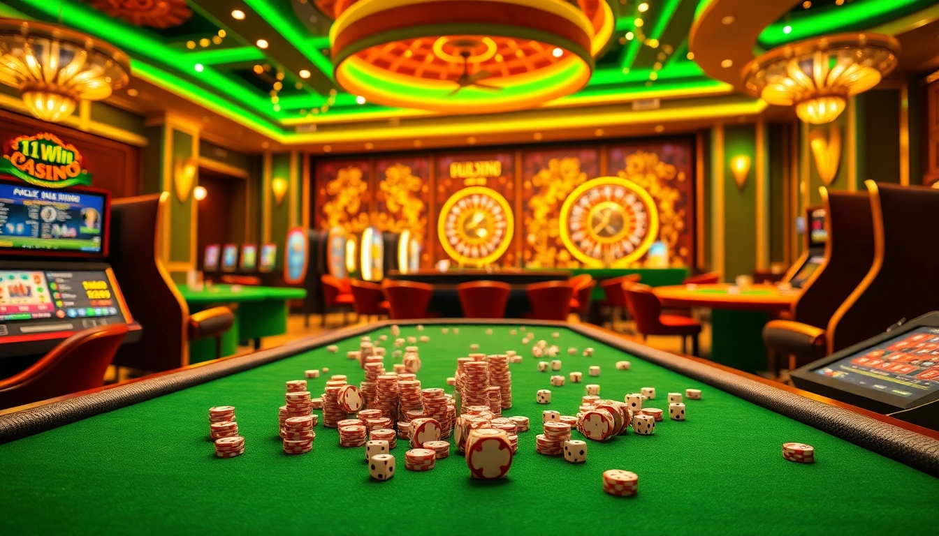Experience electrifying gameplay at 11win with casino tables and vibrant slot machines.