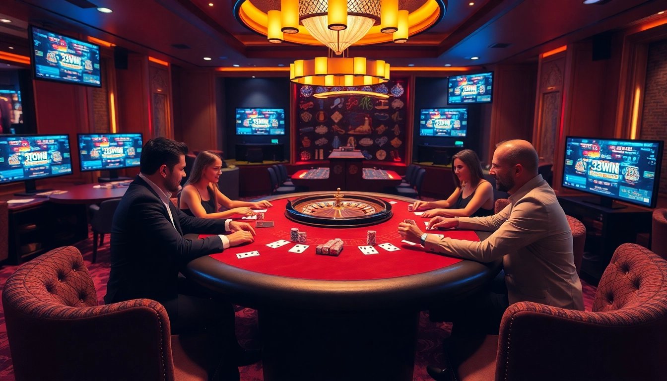 Players enjoying a thrilling poker game at 33win's luxurious casino gaming table.