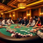 Players enjoying a thrilling poker game at MB66 casino with vibrant chips and a roulette wheel.