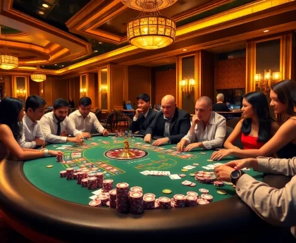 Players enjoying a thrilling poker game at MB66 casino with vibrant chips and a roulette wheel.