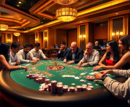 Players enjoying a thrilling poker game at MB66 casino with vibrant chips and a roulette wheel.