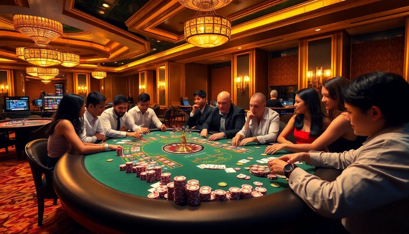Players enjoying a thrilling poker game at MB66 casino with vibrant chips and a roulette wheel.