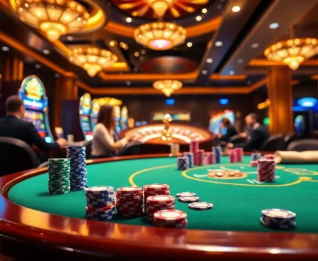Exciting poker game at https://www.eejl33.com/ with vibrant chips and roulette, showcasing a luxurious casino atmosphere.