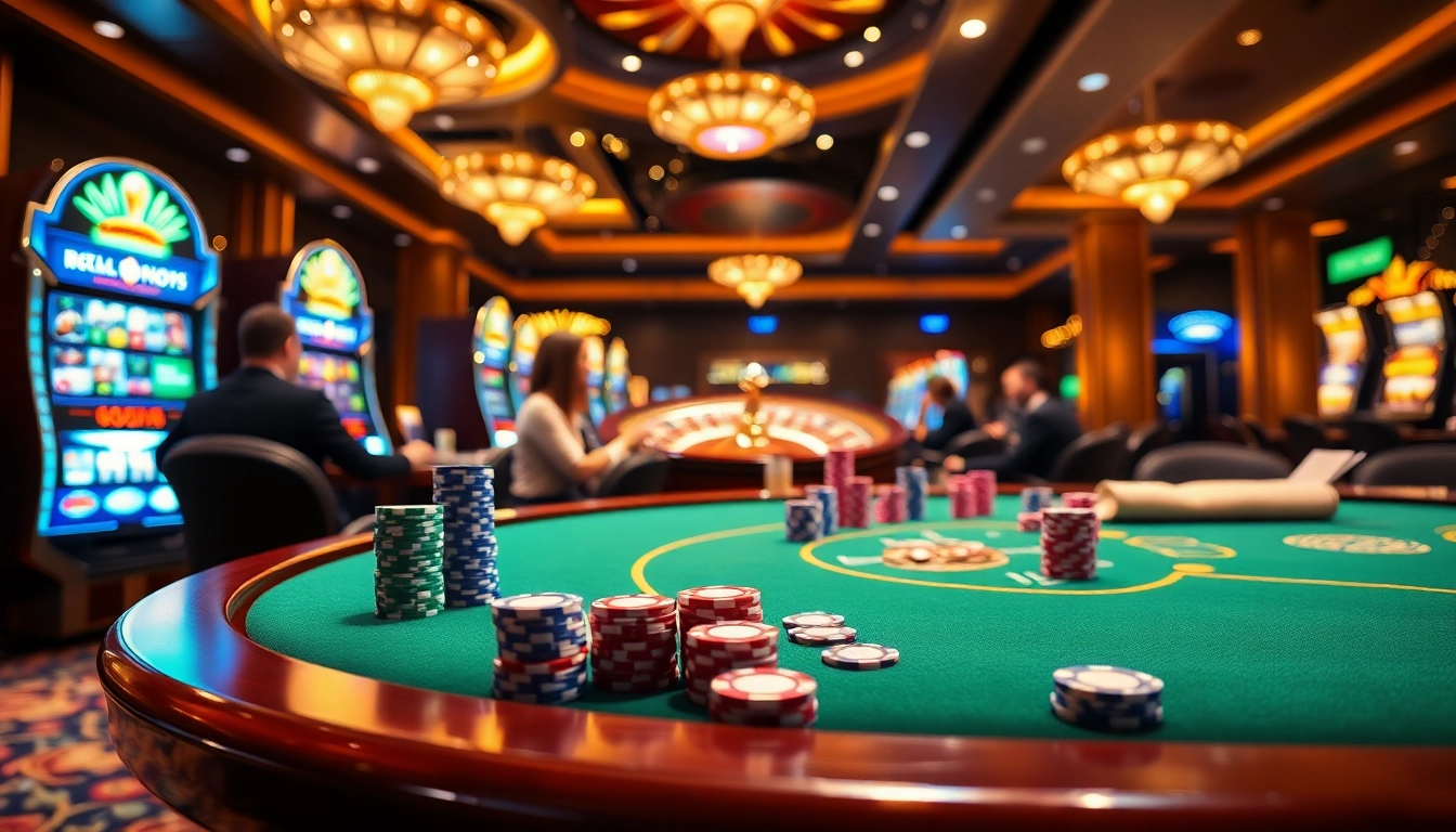 Exciting poker game at https://www.eejl33.com/ with vibrant chips and roulette, showcasing a luxurious casino atmosphere.