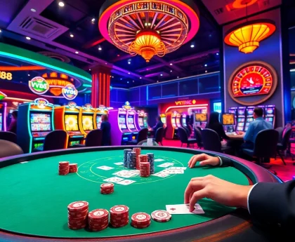 Engaging casino scene highlighting vt88 with dynamic poker gameplay and vibrant slot machines.